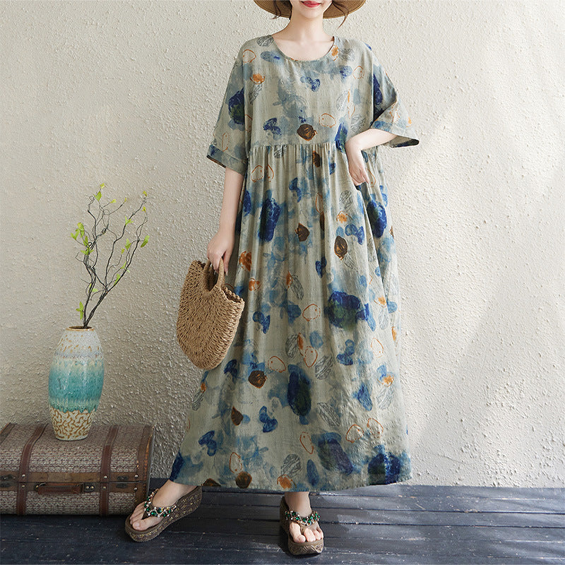Real shot 2025 summer thin cotton and linen fat mm round neck short-sleeved vacation style loose and simple bohemian swing skirt