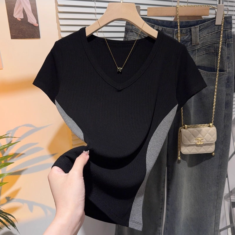 Threaded front shoulder small v-neck short-sleeved T-shirt female slim and thin design sense niche chic contrasting color splicing t-shirt top