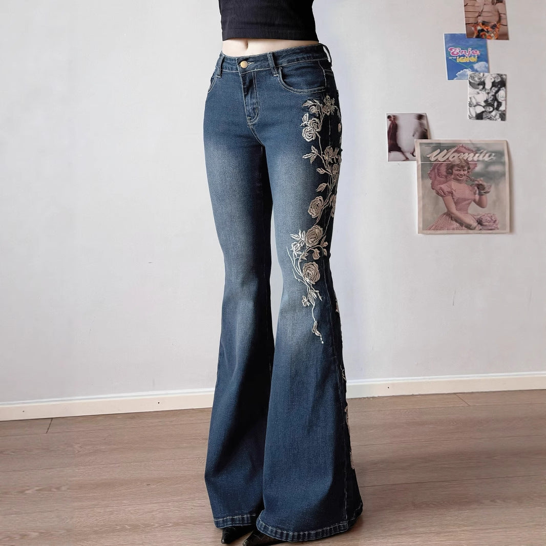 American street western denim style plant flower embroidery low waist micro pull pants Spice girl washed as old casual trousers