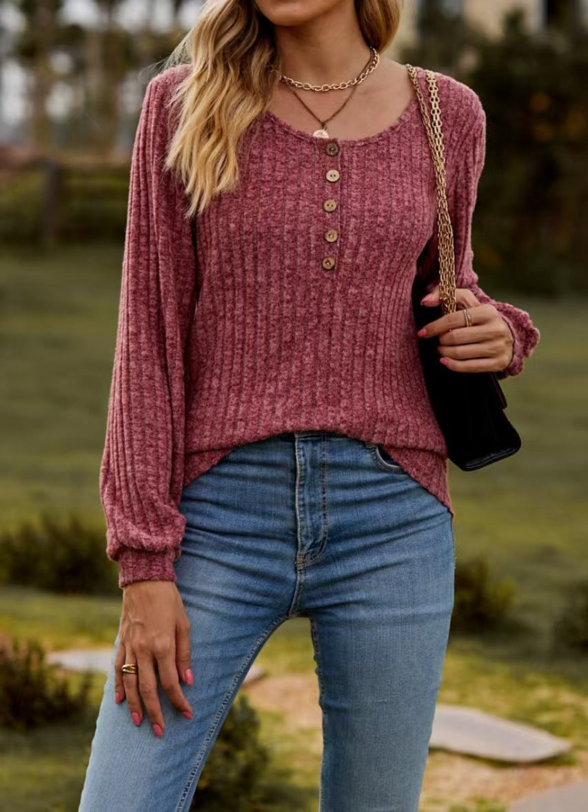 Spot cross-border new women's clothing Amazon women's round neck pit strip polished solid color button splicing long-sleeved T-shirt