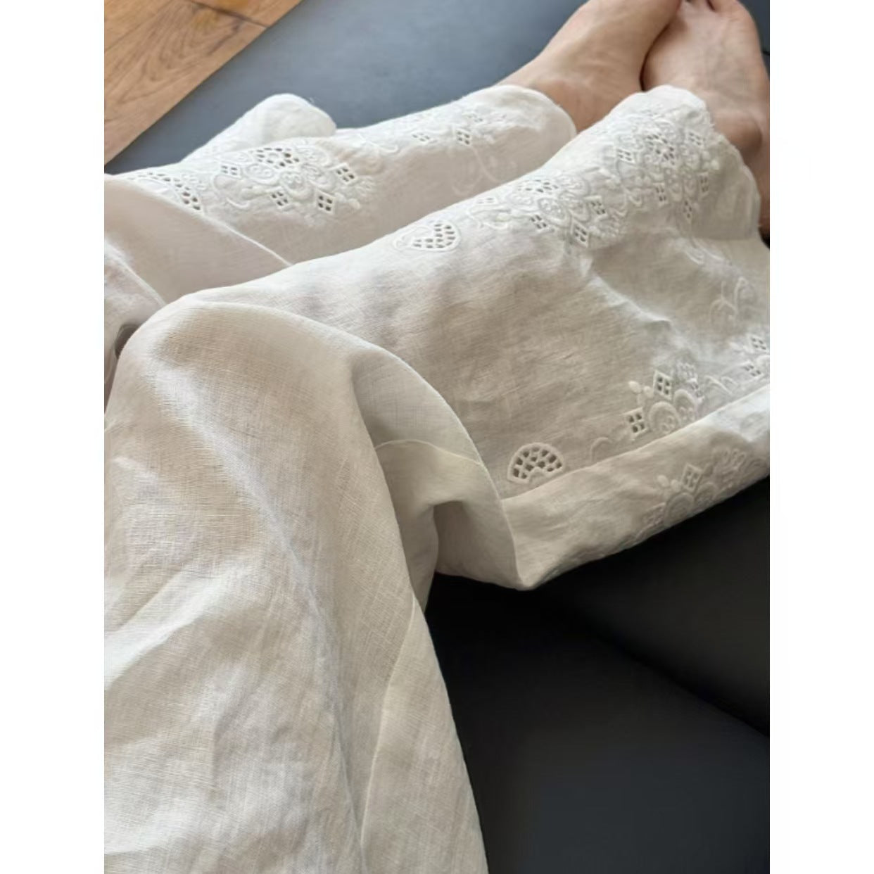 Lazy wind white hollow embroidered linen wide-leg pants women's 2025 new design versatile and thin cotton and linen pants