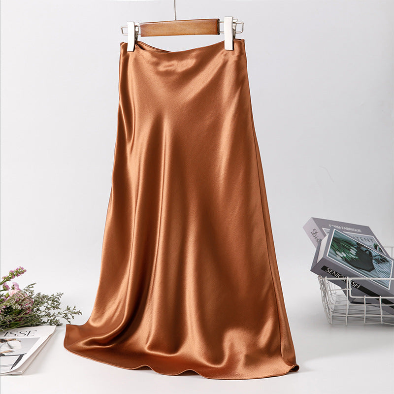 Fried Street Elastic Waist Acetic Acid Skirt High-end Silky 2025 Spring and Summer New Over-the-Knee Swing Skirt