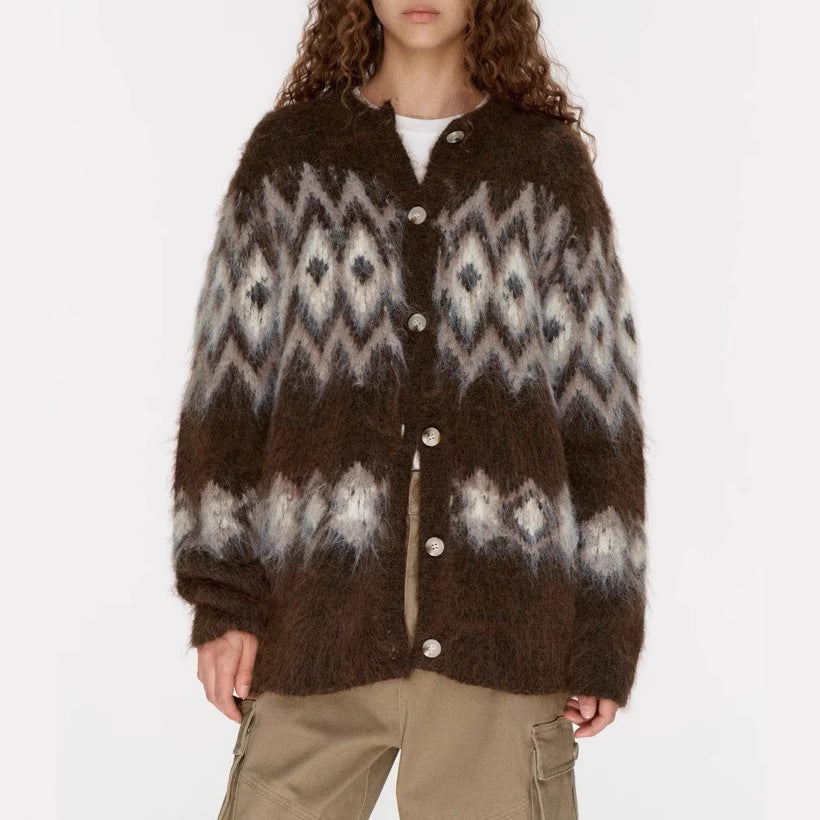 Winter atmosphere wool cardigan, jacquard pulling craft loose Fair Island sweater jacket