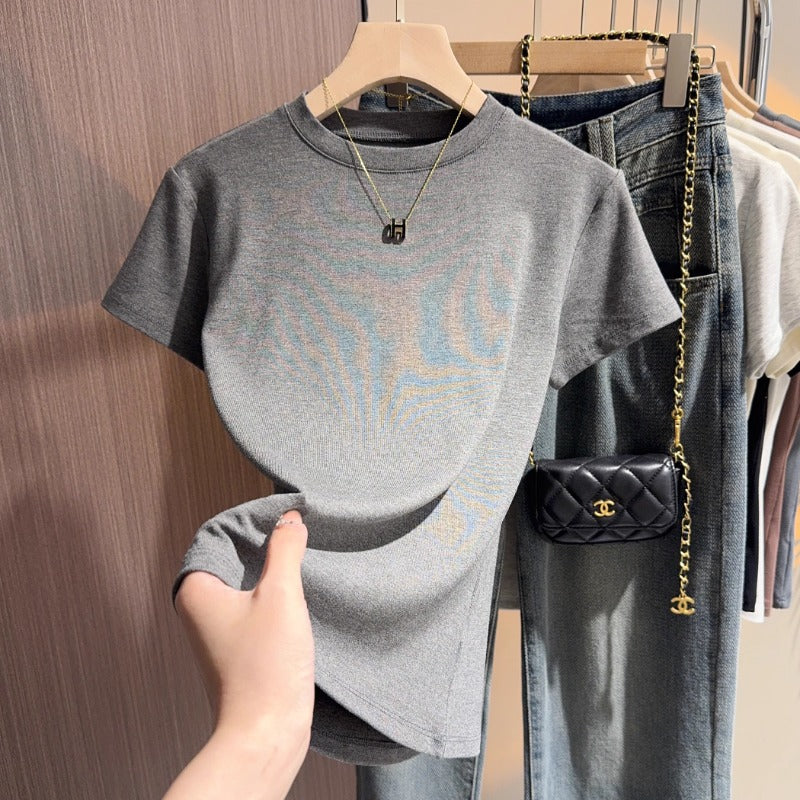 White short-sleeved t-shirt women's 2025 summer new high-end small stand-up neck bottoming shirt elastic slim shoulder top