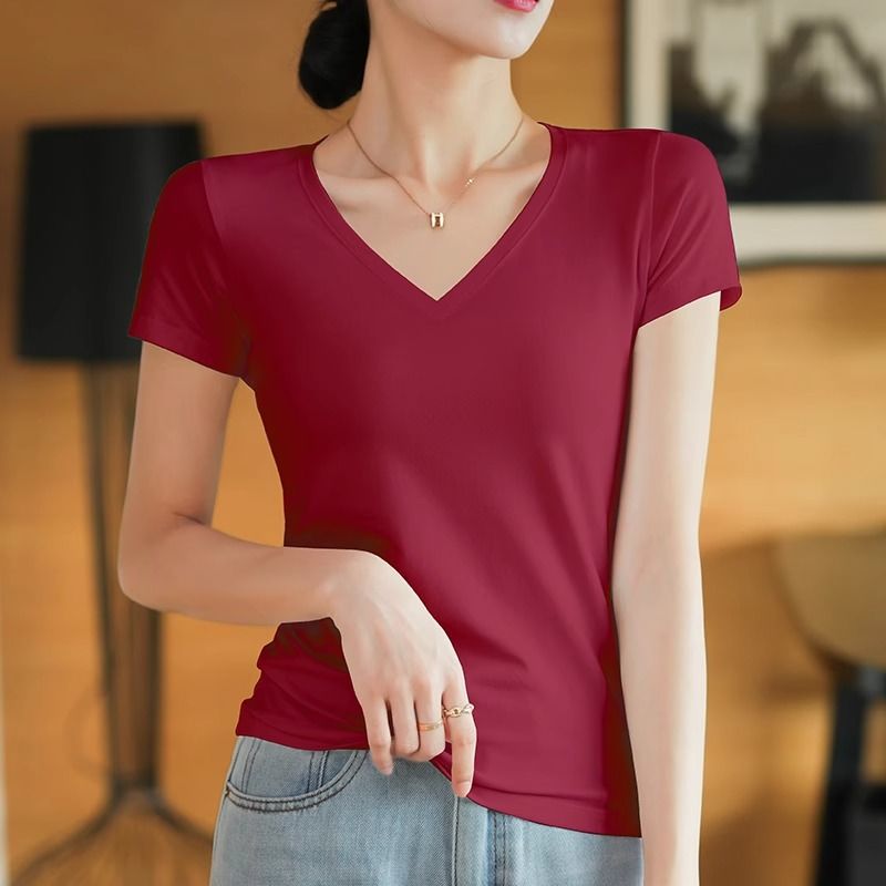 Lotus root pink short-sleeved t-shirt women's pure cotton summer chic Korean wear high-end niche non-collision versatile top