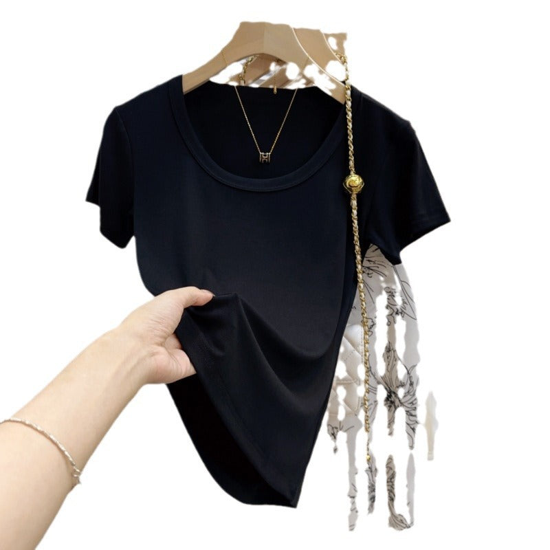 Water Drop U-Neck Summer Dopamine Wear Front Shoulder Ice Silk Short Sleeve T-Shirt Spice Girl Niche Threaded Bottom Shirt Top