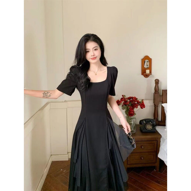 Large size belly covering irregular mesh Hepburn style long dress female summer fat sister retro thin square neck small black dress