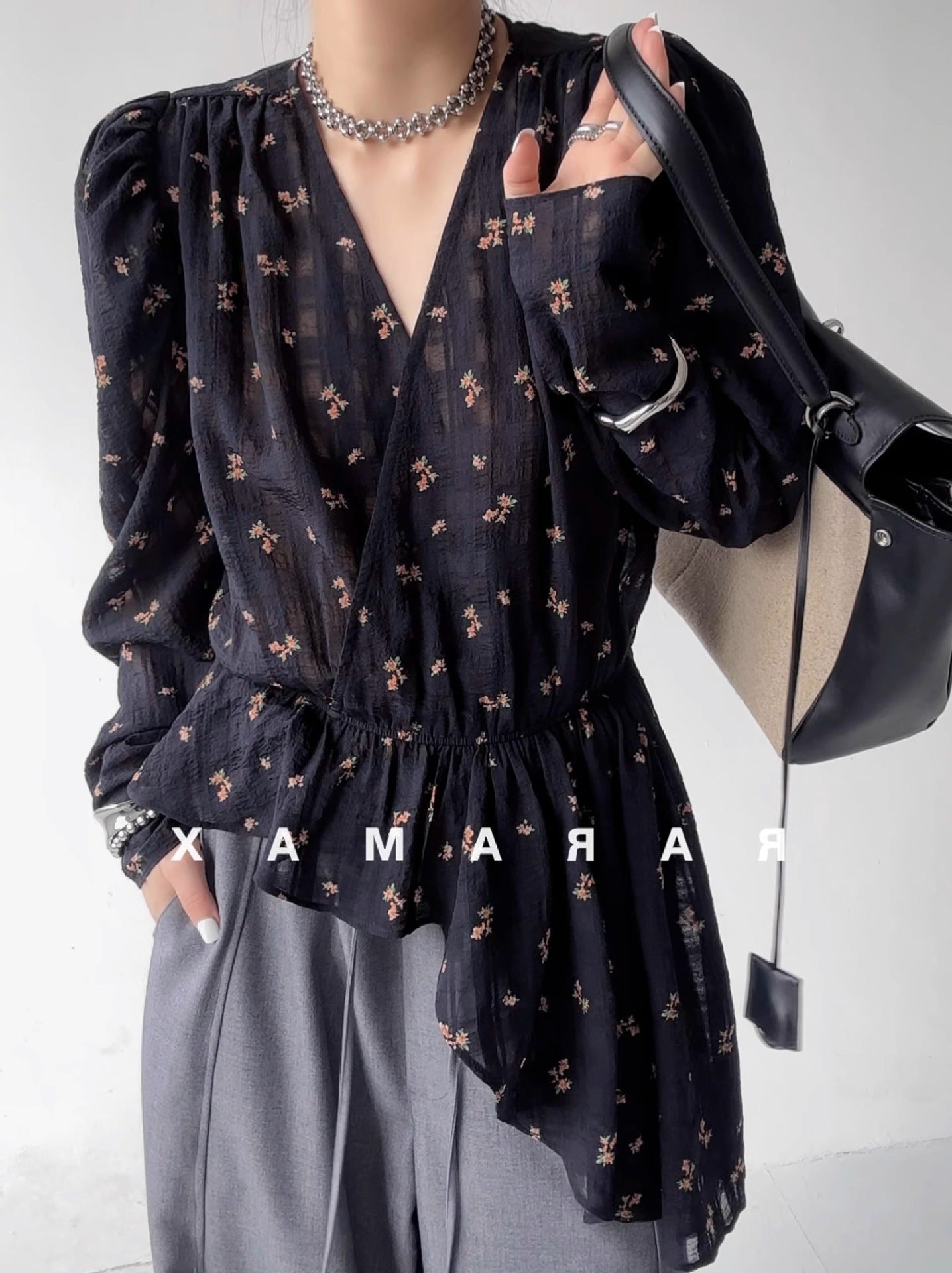 New BohoChic'yarn hemp 'silk, court bubble sleeves, printed chiffon shirt