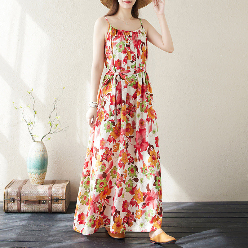 2024 summer new cotton and linen large size bohemian seaside vacation travel beach dress suspender dress women