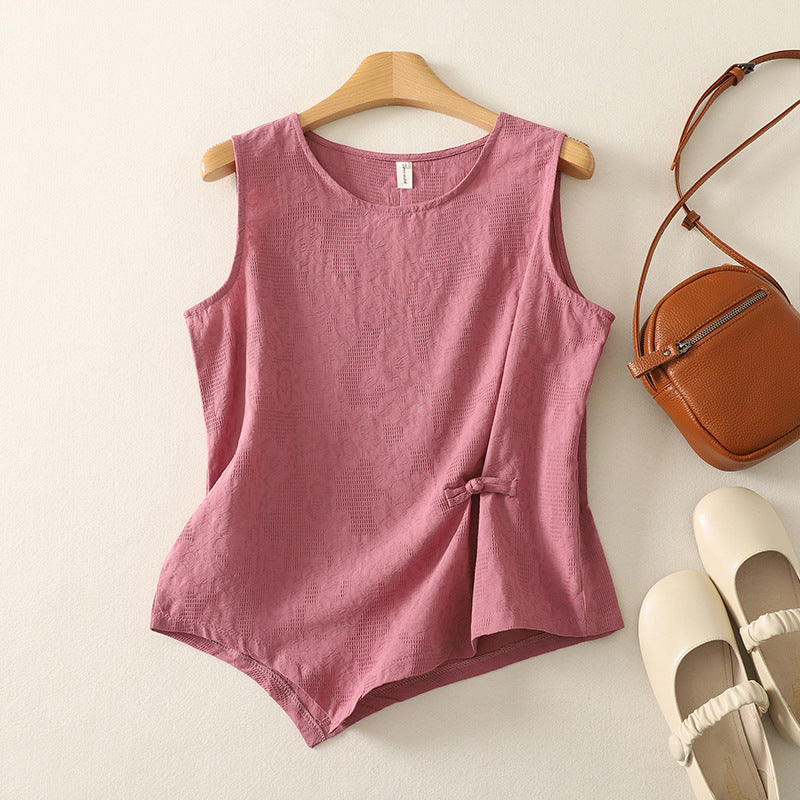 Real shot 2025 summer new literary loose button solid color round neck sleeveless T-shirt women's vest top #6184