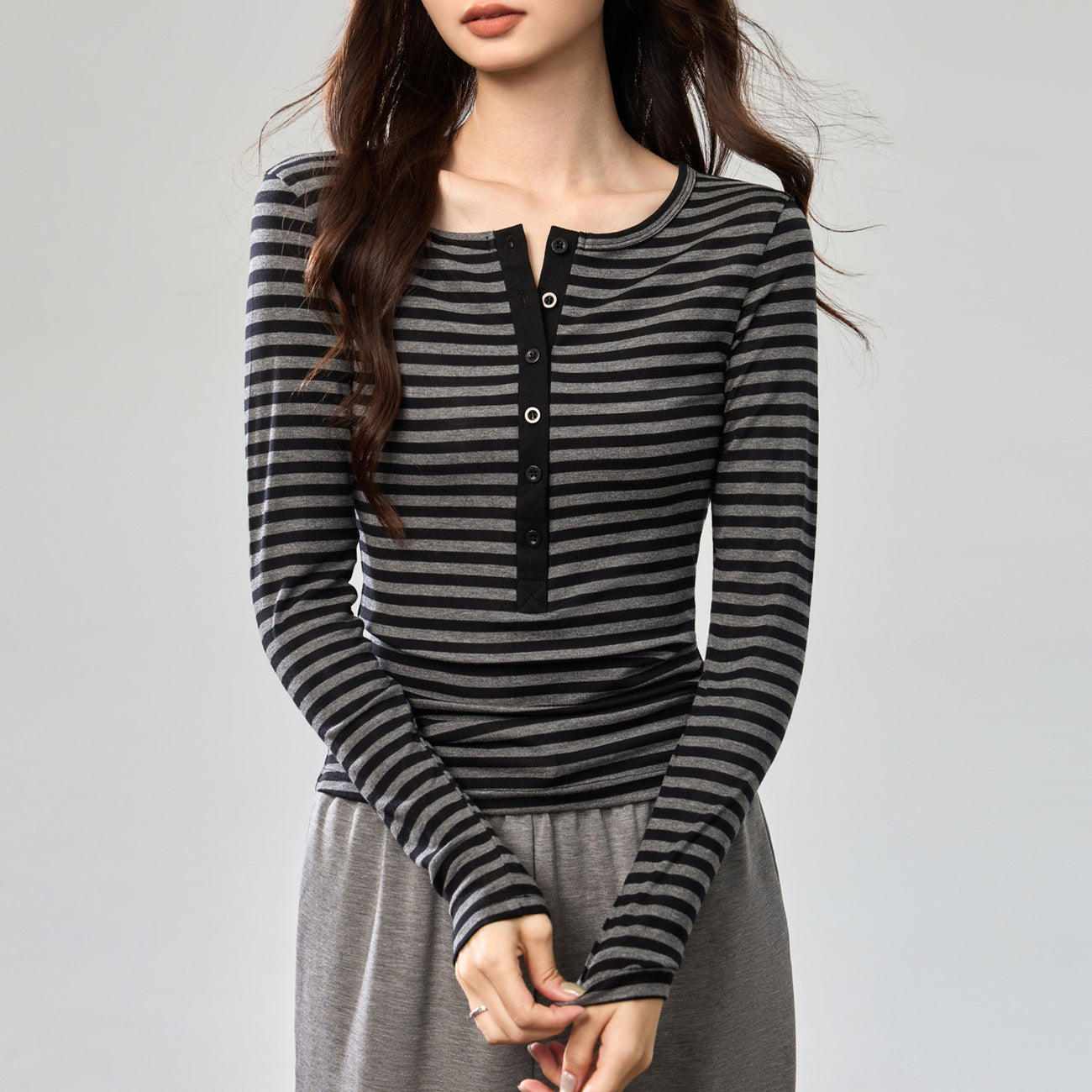 #Tencel Lyocell #Temperament High Sense Black and White Striped Long Sleeve T-Shirt Women's Autumn New Crew Neck Button Top