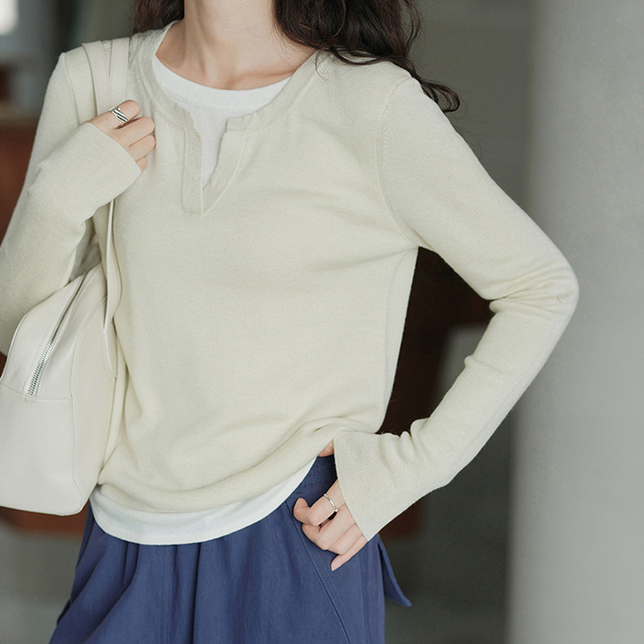 #Blended light modal cotton skin-friendly and soft #color matching fake two-piece T-shirt women's 2026 autumn and winter long-sleeved bottoming shirt