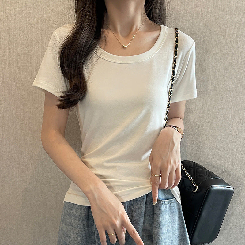 White U-neck short-sleeved t-shirt women's top fashionable foreign style big collar thread 2025 Internet celebrity bottoming shirt versatile and exquisite