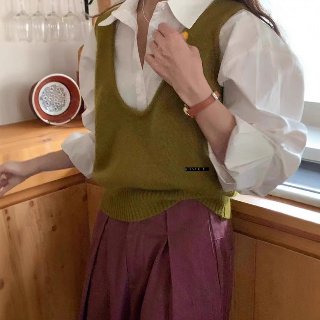 HAVE U wool knitted vest u neck elastic short small Korean ins wind wide shoulder strap stacked vest women