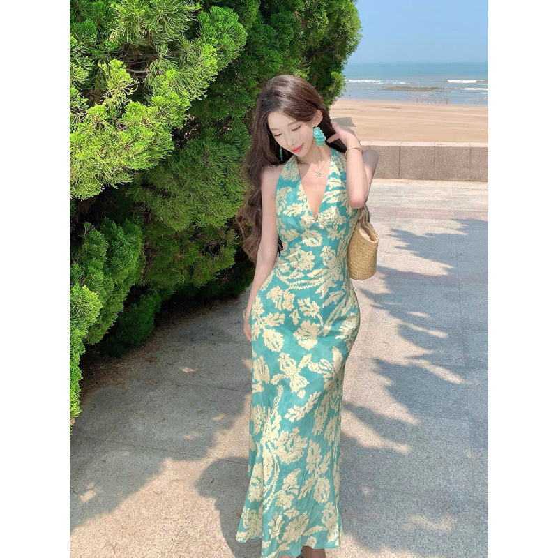 Peacock blue print sleeveless neck waist dress women's seaside beautiful beach wear sexy backless beach dress