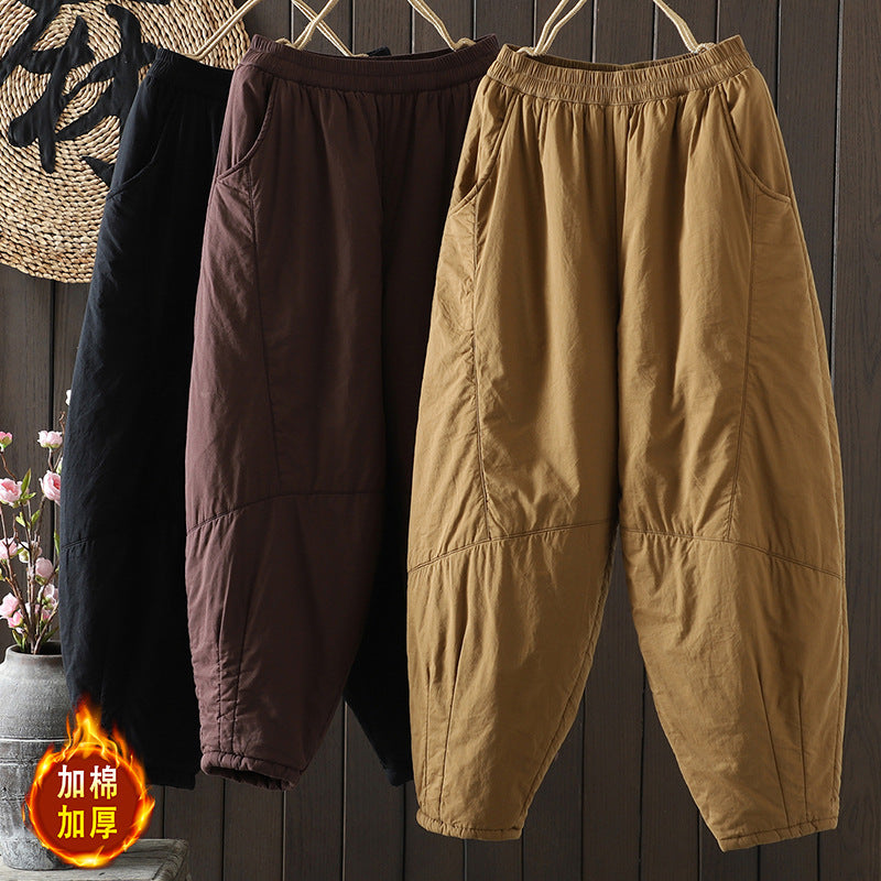 Real shot 2025 autumn and winter retro thickened cotton pants elastic waist warm padded casual pants Harlan trousers women's clothing