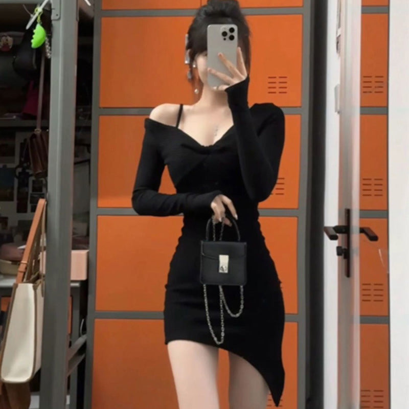 Hot girl black pure desire irregular long-sleeved dress new autumn and winter temperament waist short skirt slim slim bottom