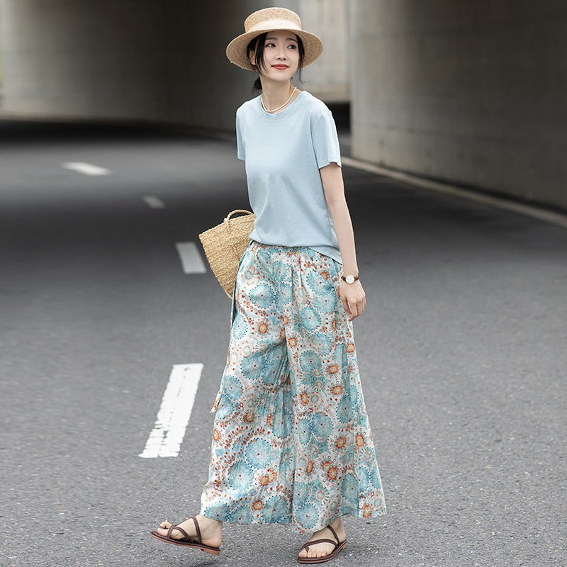 2025 summer new literary and retro printing loose wide-leg pants nine-point casual culottes women #5332