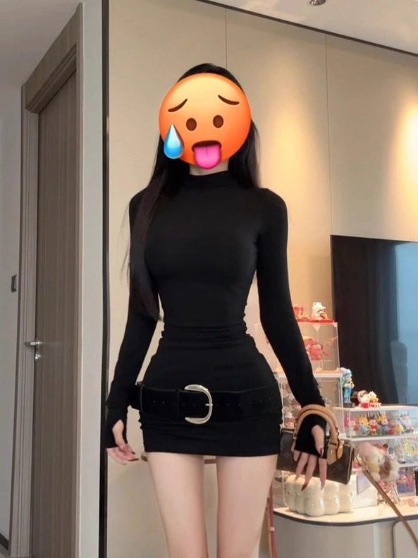 Red semi-turtleneck long-sleeved dress women's autumn and winter inner bottom skirt elastic slim waist skirt hip-wrapped short skirt