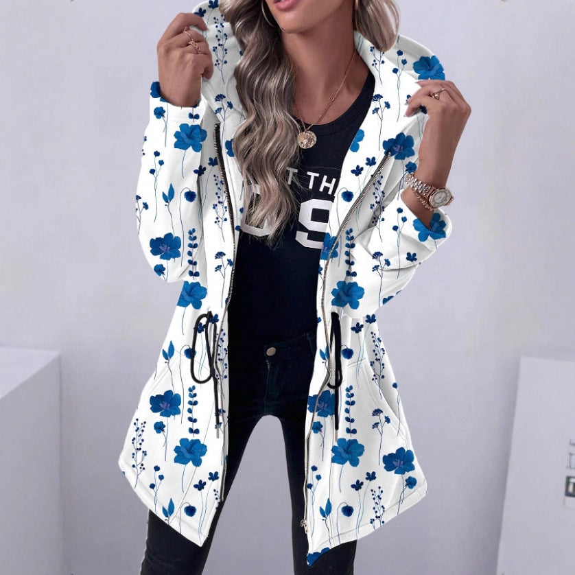 2025 European and American cross-border women's clothing medium and long zipper sweater printed hooded long-sleeved jacket Japan and Korea leisure