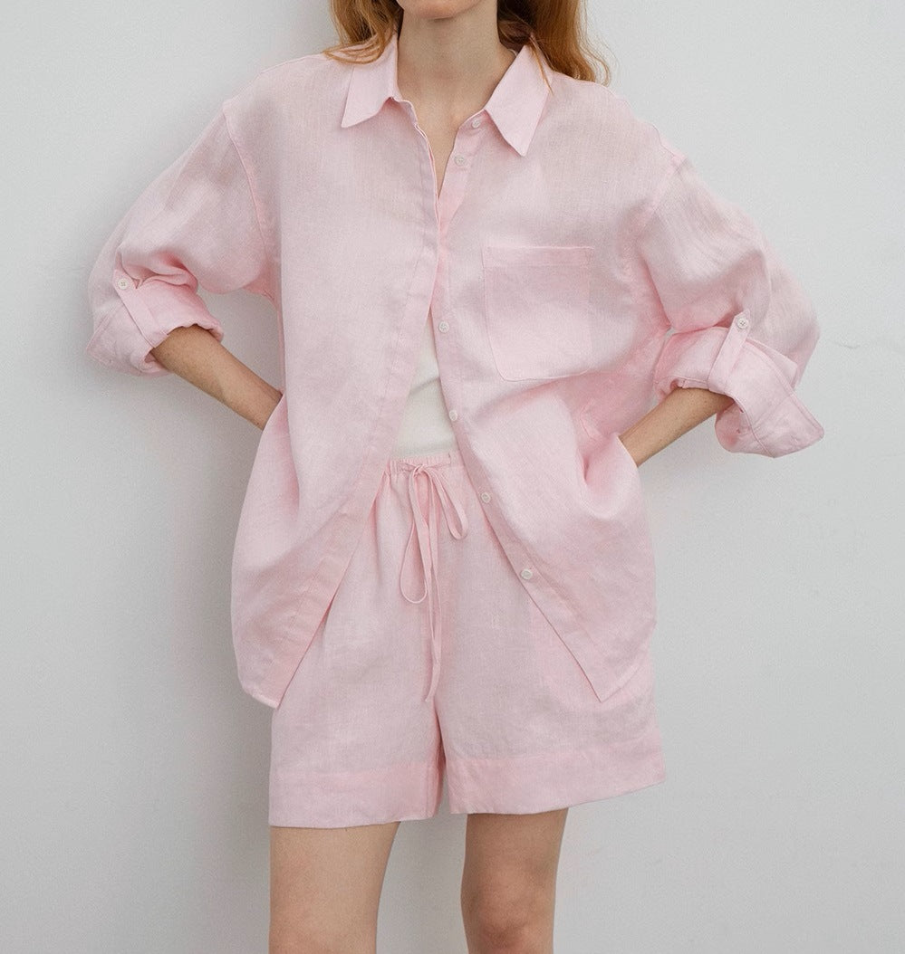 COUNTOME Slack Summer/Lazy Casual Style Full Linen Roll Shirt/Shorts Sunscreen Set