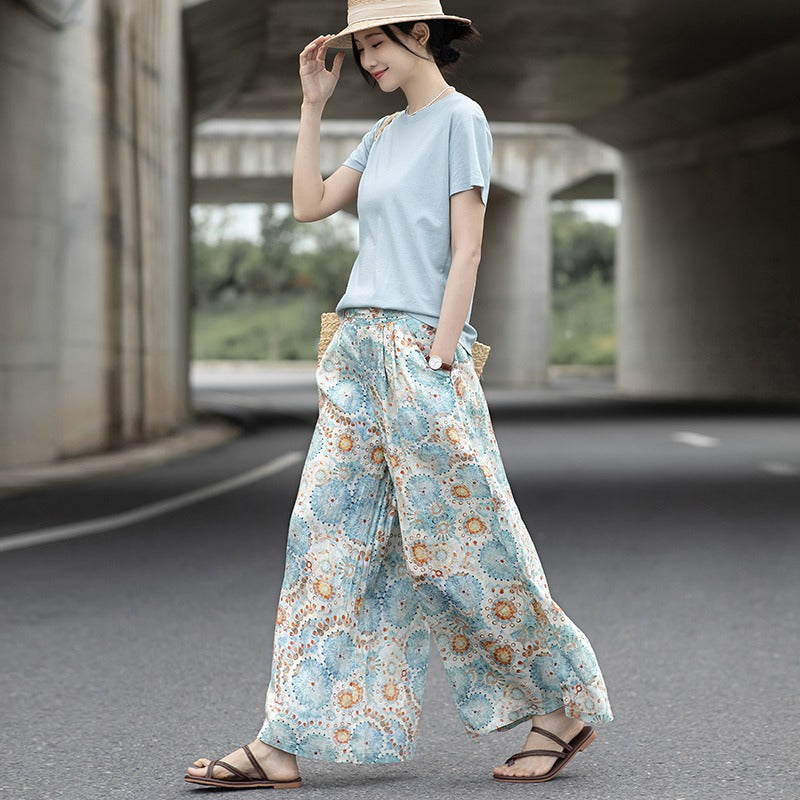 2025 summer new literary and retro printing loose wide-leg pants nine-point casual culottes women #5332