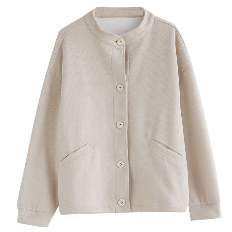 Real shot 2025 autumn new casual large size loose solid color stand-up neck cardigan long-sleeved jacket women's clothing #8353