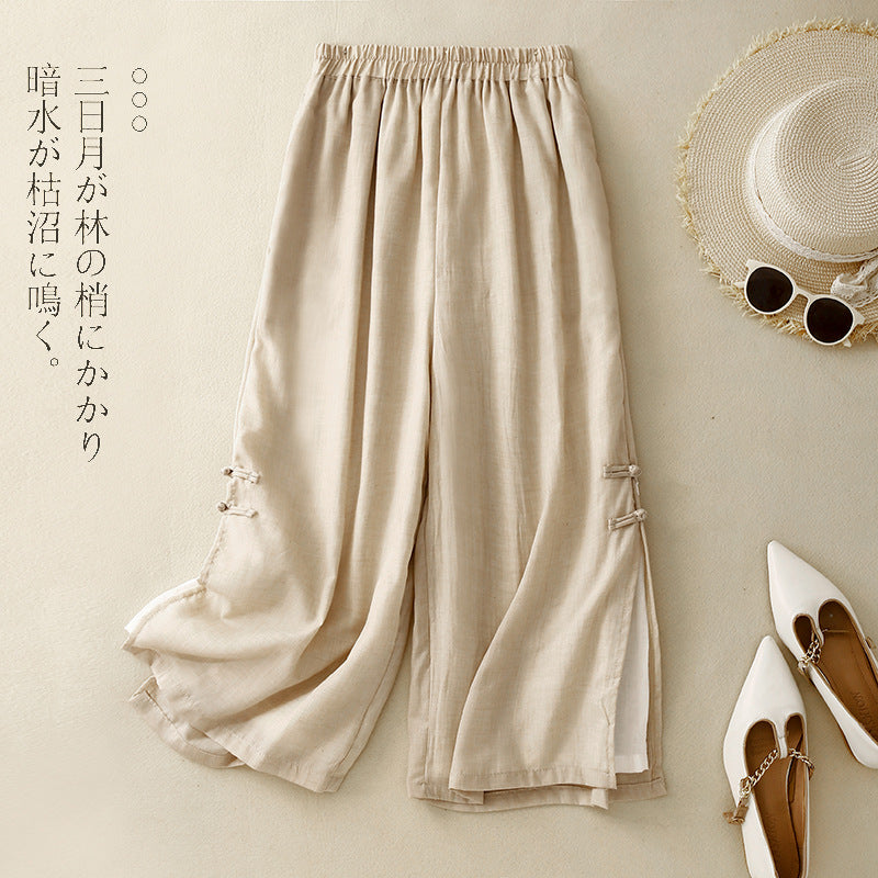 Real shot 2025 summer new cotton and linen large size literary and retro loose wide leg straight cropped pants women #9525