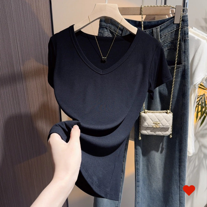 Black v-neck t-shirt women's short-sleeved front shoulder versatile summer new high-end bottoming shirt collarbone temperament Korean top