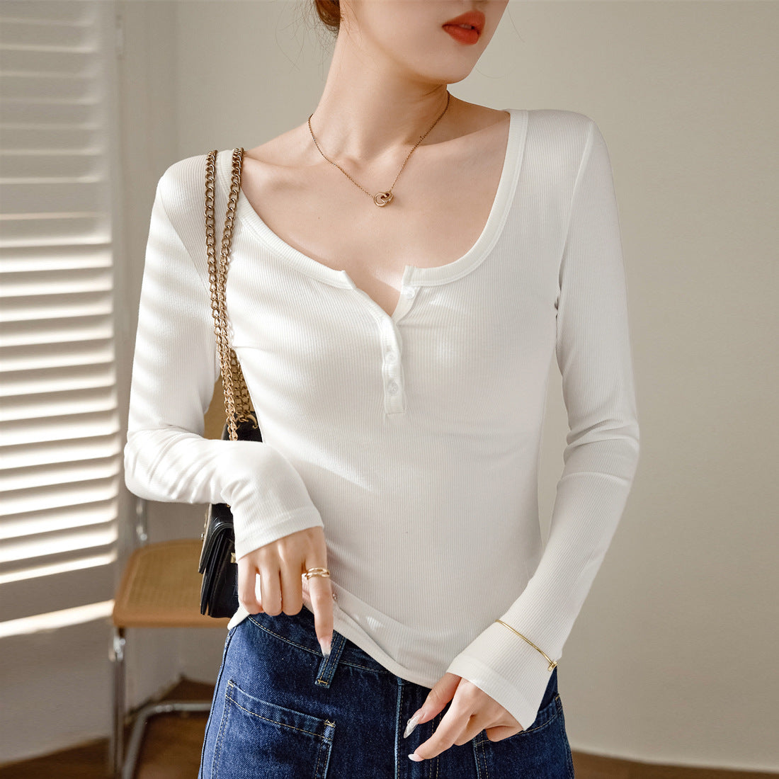 #Ruth same style #selection high elastic threaded cotton front shoulder button T-shirt women's autumn and winter new long-sleeved slim-fit bottoming shirt
