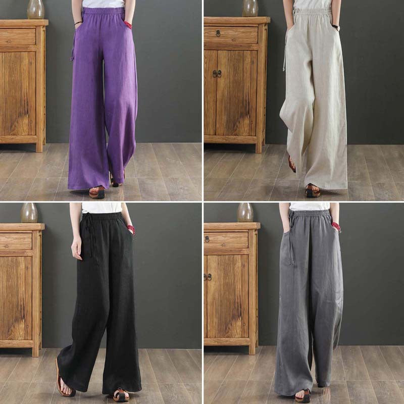 2025 summer new literary loose solid color cotton and linen elastic waist wide-leg pants trousers women's casual pants #9793 #