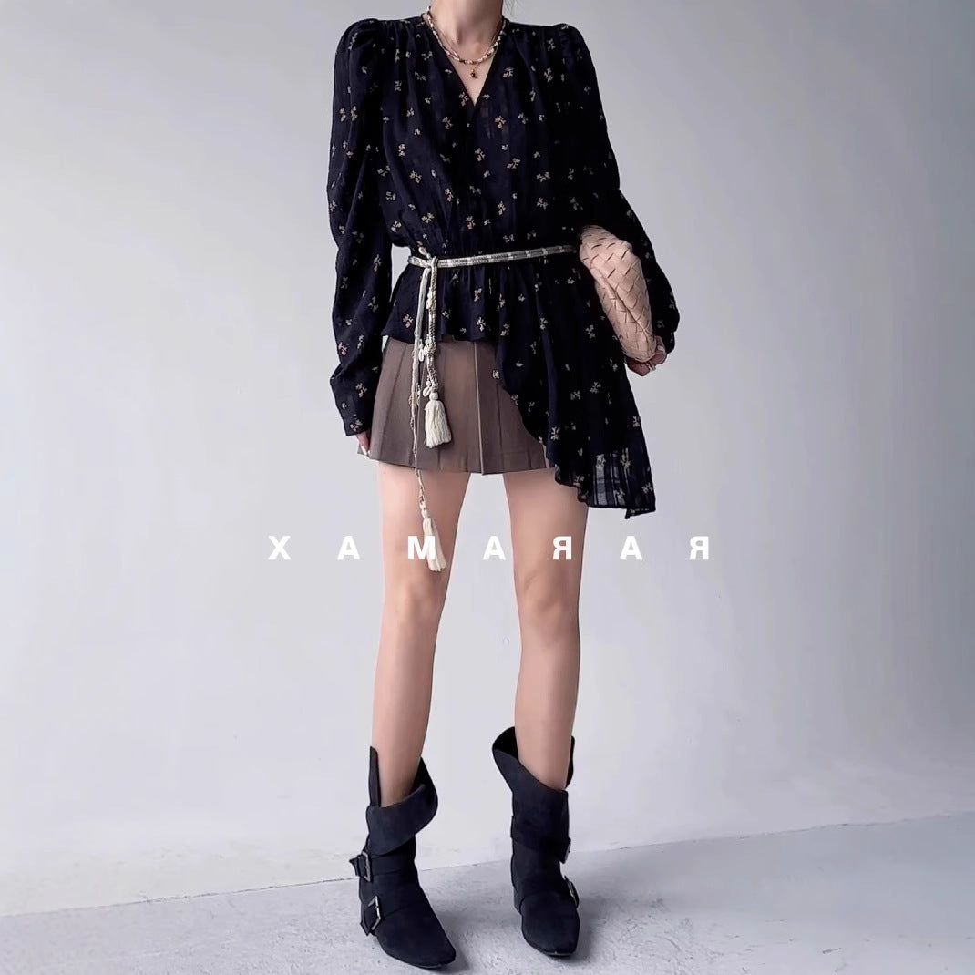 New BohoChic'yarn hemp 'silk, court bubble sleeves, printed chiffon shirt