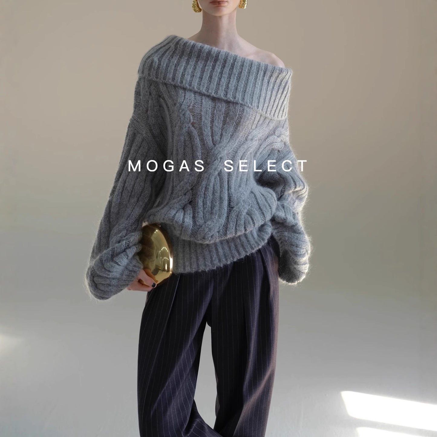 Mogas Heavy Cub Sea Wool Blended Lazy Lantern Sleeves One-Word Neck Twisted Pullover Sweater Women's Autumn and Winter