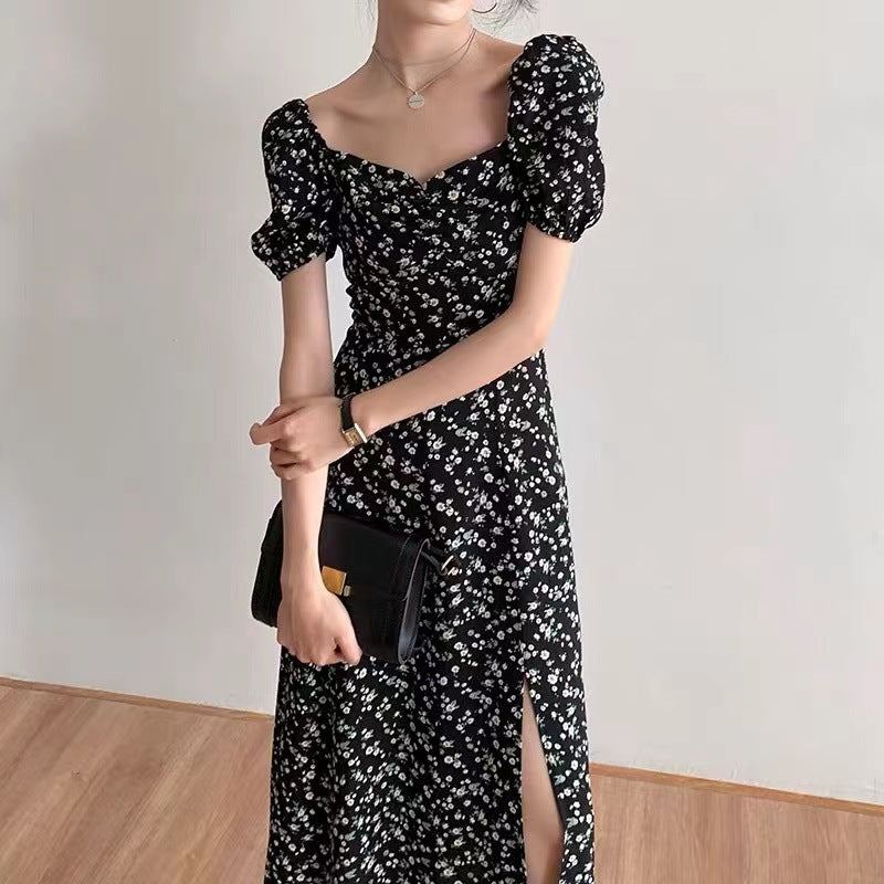 2026 summer French square neck black floral dress with split ends and waist sexy coffee break long skirt for women