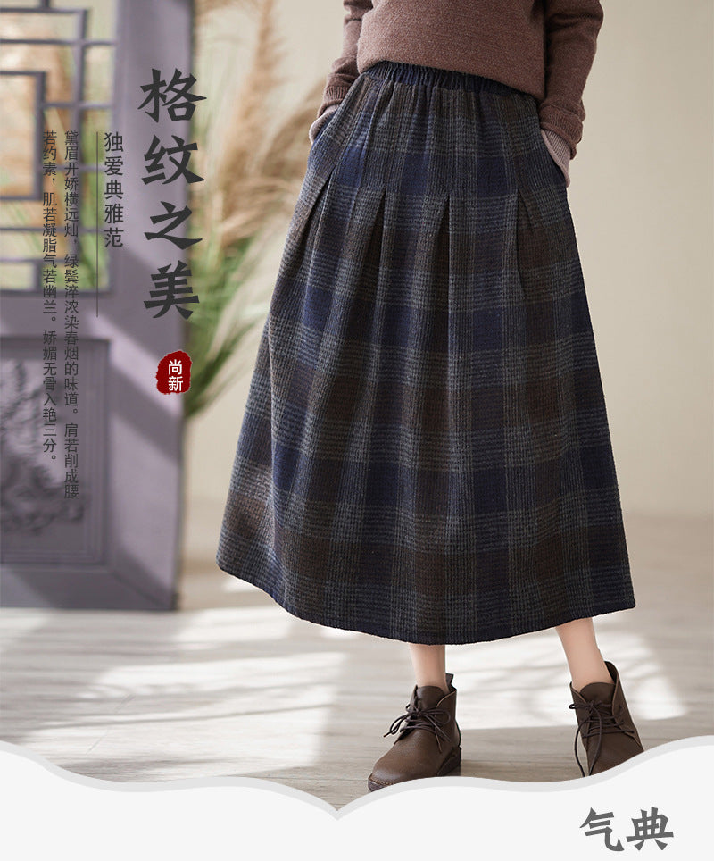 Real shot 2024 autumn new literary loose plaid elastic waist skirt women's medium and long A-shaped skirt #3730