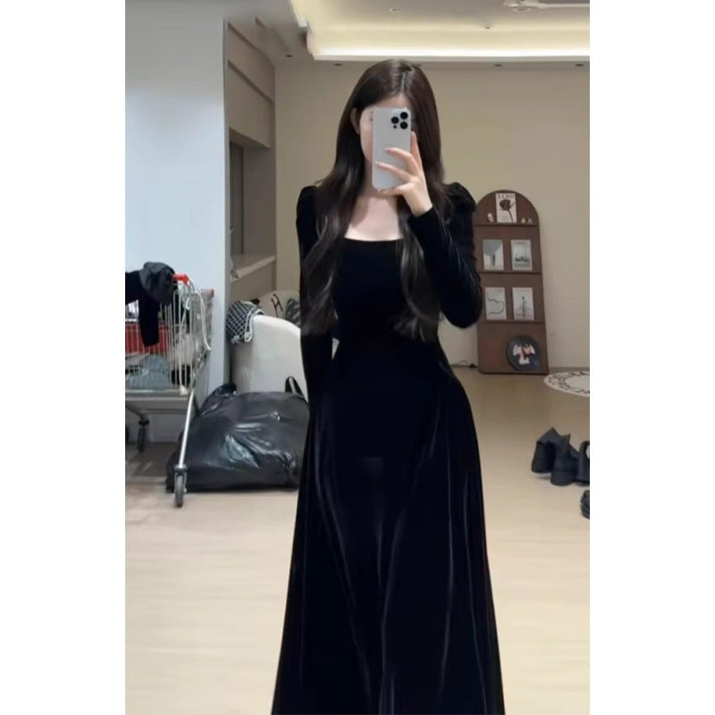 French temperament socialite high-end black velvet dress women's early spring inner birthday party evening dress long dress