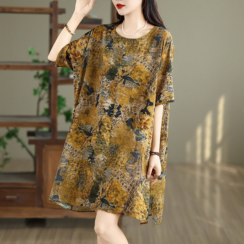 2025 summer thin round neck pullover dress women's loose large size retro literary floral A version medium skirt