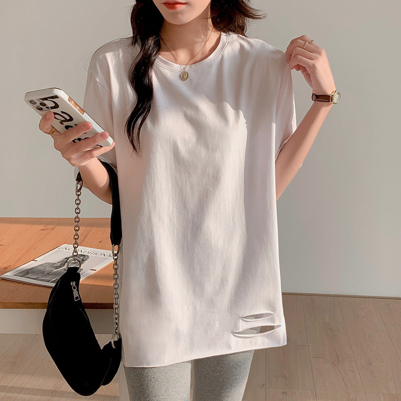 Pure cotton medium and long ripped loose short-sleeved t-shirt women's large size design sense half-sleeve belly cover t-shirt commuter style