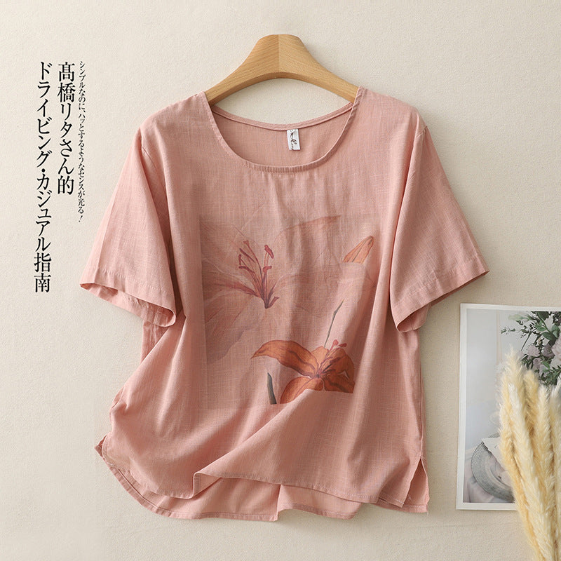 Real shot 2025 summer new cotton and linen literary and retro printing loose casual short-sleeved top T-shirt women