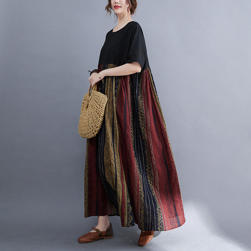 Real shot 2024 summer new literary large size loose cotton and linen printing short-sleeved dress women's long dress 9107 #