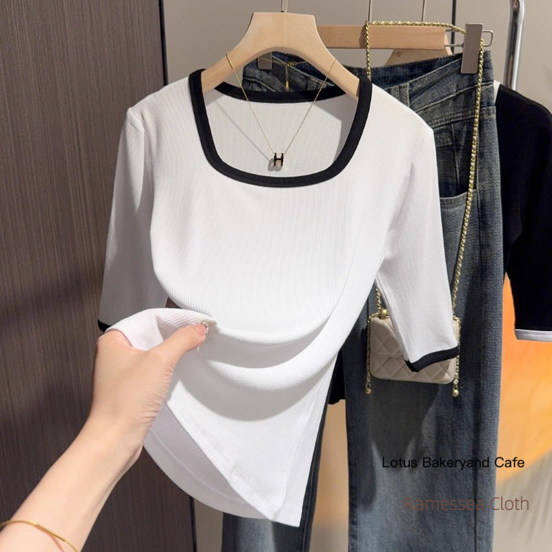 Black square neck five-quarter-sleeved t-shirt women's 2025 summer new versatile medium-sleeved fashion bottom half-sleeved contrasting top
