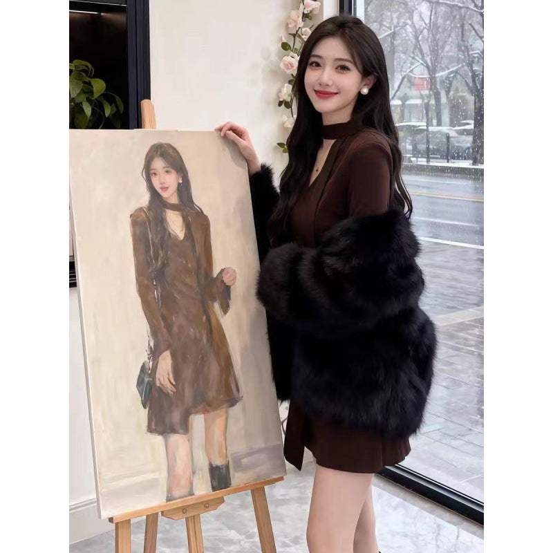 Korean waist pleated bottom polished skirt temperament small irregular high-end V-neck autumn and winter dress