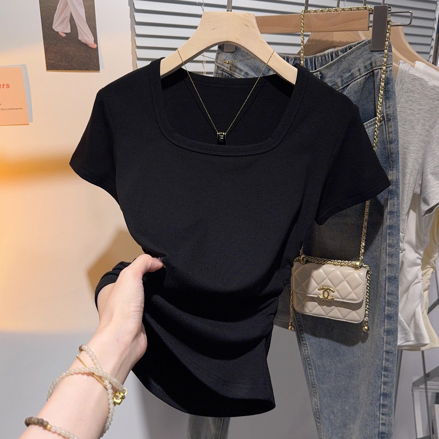 Square collar basic short-sleeved T-shirt women's summer 2025 new Spice Girl waist fold pure want slim and thin top