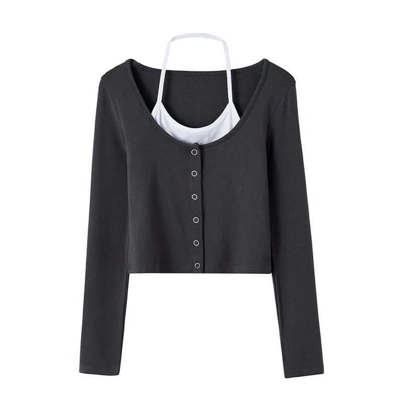 #Excellent choice #Fake two pieces of pure desire neck T-shirt women's long-sleeved Spice Girls high-waisted short button-up shirt top