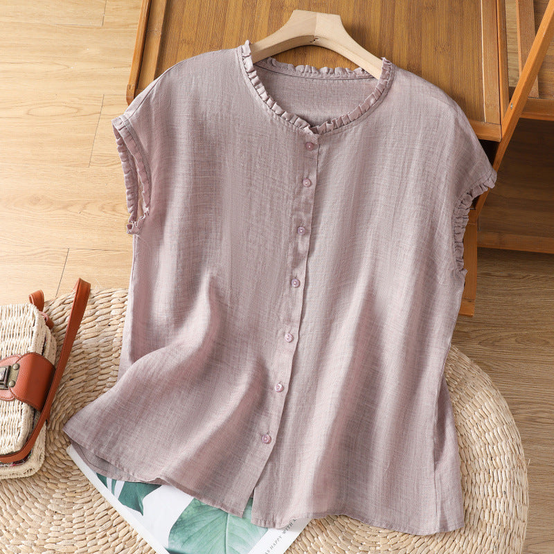 The real shot is in the summer of 2025, cotton and linen are impervious to meat, short short wooden ear edge shirt, single-breasted short-sleeved shirt.