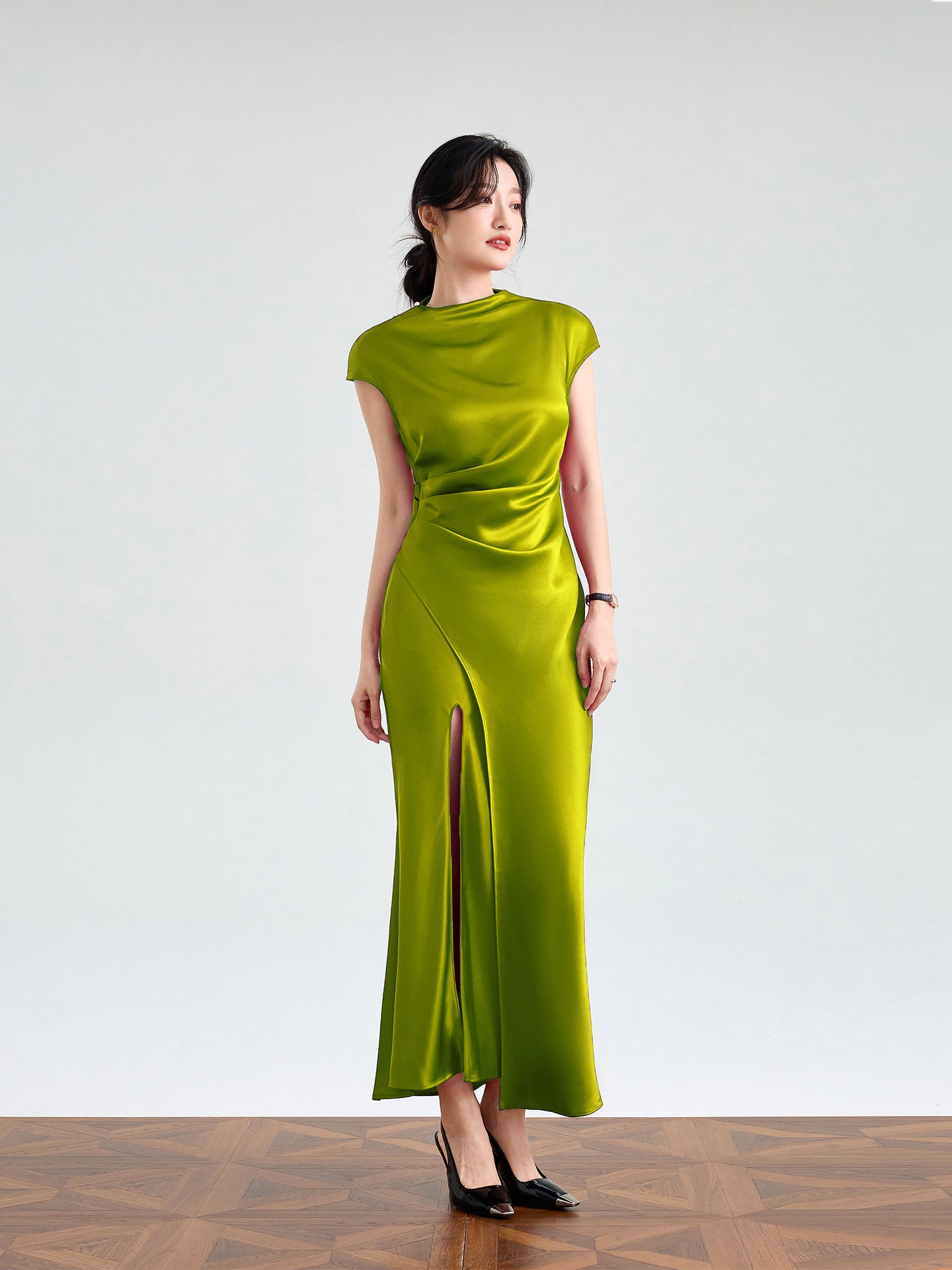 Haute couture imported acetic acid, pure desire style semi-turtleneck satin dress temperament thin split fork fish tail long dress French