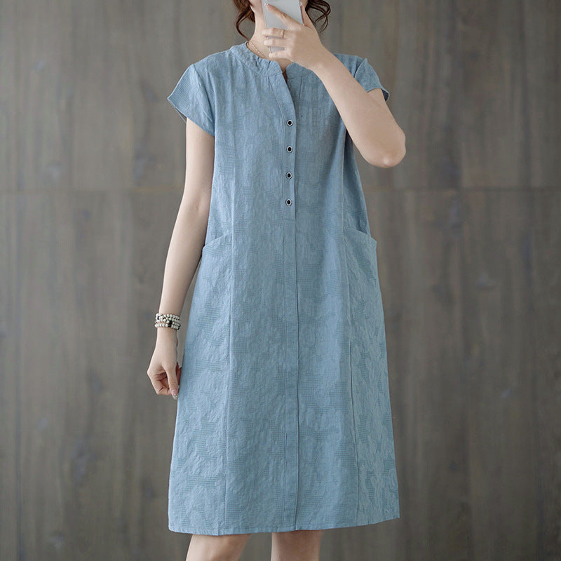 Real shot 2025 summer new literary loose jacquard cotton and linen stand-up collar short-sleeved dress women's medium and long #9658