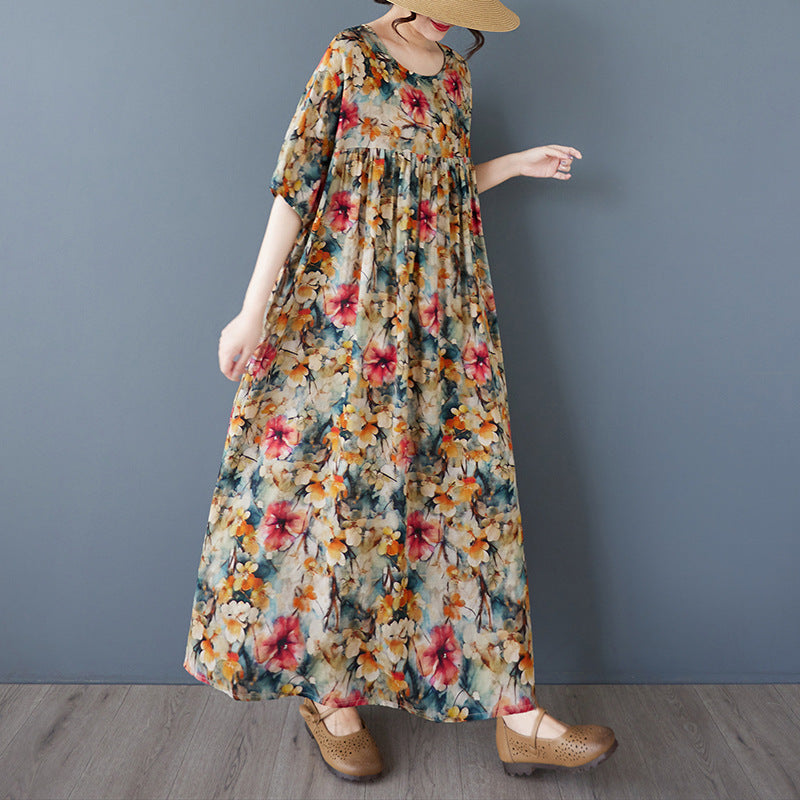 2025 Simple Bohemian Long Dress Summer New Fattened Plus Short Sleeve Crew Neck Printed Dress Women