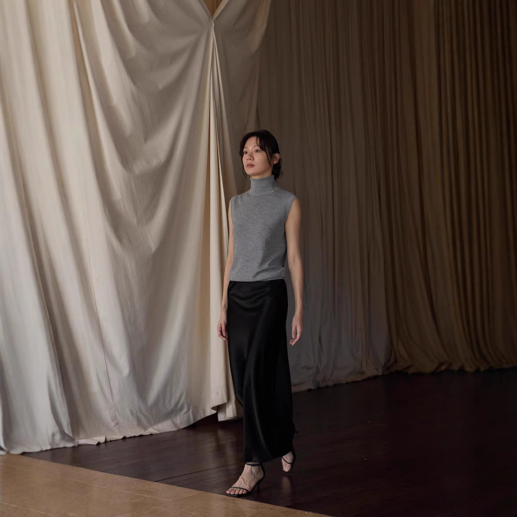 Japan imported triacetic acid satin water ripple satin 45 degree oblique cut solid color long fishtail a word skirt women