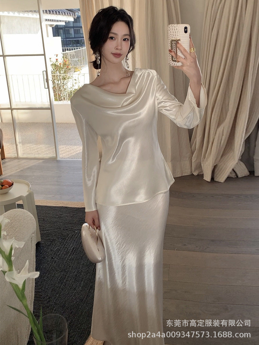 Haute couture 100% acetic acid champagne color rich daughter gold swing neck satin long-sleeved top women's retro temperament looking thin early autumn